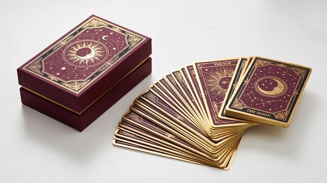 Luxury tarot cards with gold foil celestial illustrations, burgundy mystical oracle deck and storage box, elegant sun and moon divination tools