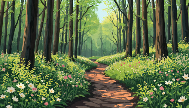 Green forest trail illustration featuring tall trees, plants, and a quiet pathway. Suitable for eco design, outdoor themes, travel content, and nature inspired projects.