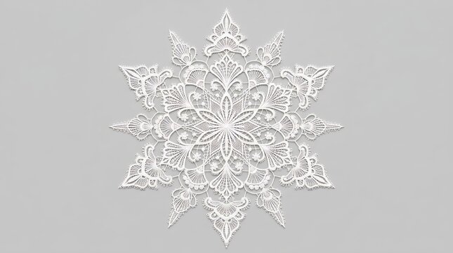 Intricate white lace pattern on grey background, elegant symmetrical design.