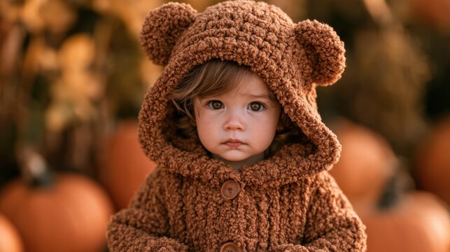 Adorable toddler in brown fuzzy bear costume with hood and ears surrounded by autumn pumpkin patch outdoor close-up portrait
