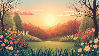 Naklejka premium Beautiful sunset landscape illustration featuring colorful flowers, mountain scenery, trees, and warm golden light. Ideal for nature design, seasonal artwork, and peaceful background applications.