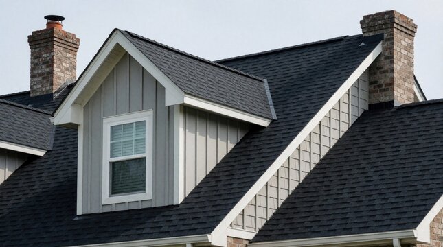Close up view of residential house roof with dark asphalt shingles. Grey dormer window with board, batten siding sits between two brick chimneys. Modern suburban home exterior features gable
