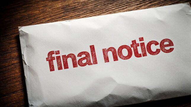 Red final notice stamp on white paper envelope lying on wooden desk. Urgent mail arrives for unpaid debt overdue bill. Close up of official letter signaling serious financial problem legal warning