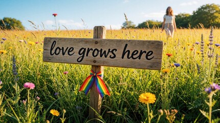 Naklejka premium Wooden sign with text love grows, rainbow pride bow in summer meadow. Girl walks in background through flower field under blue sky. Colorful wildflowers bloom in sunny rural landscape. LGBT pride