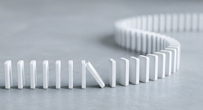 Domino chain stalled with one tilted domino, delay concept