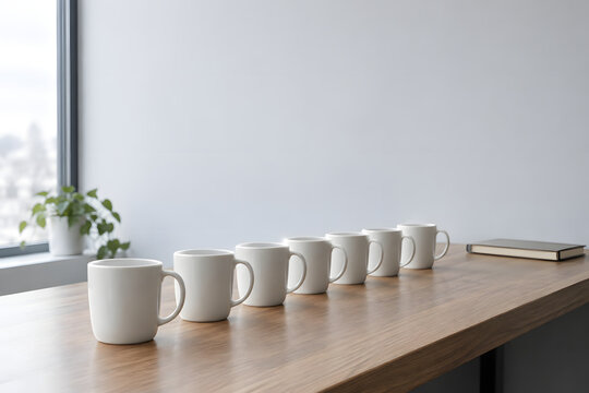 Row of empty coffee cups on desk, delay and procrastination concept