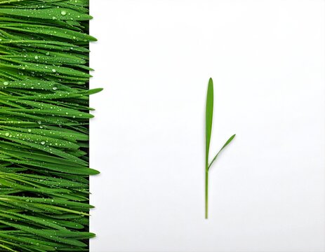 Fresh green grass border with water dew drops and copy space on white background