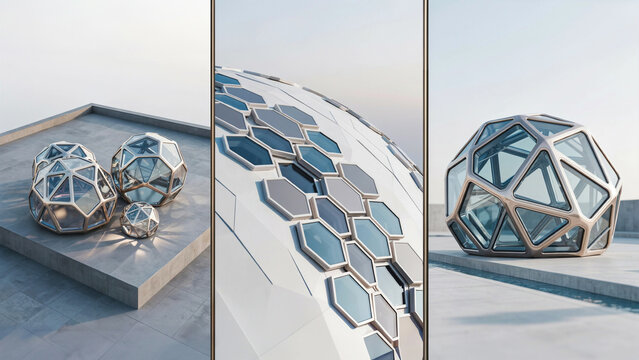 Three views of geodesic glass domes with metallic frames, situated on a concrete platform against a clear sky, showcasing geometric hexagonal panels