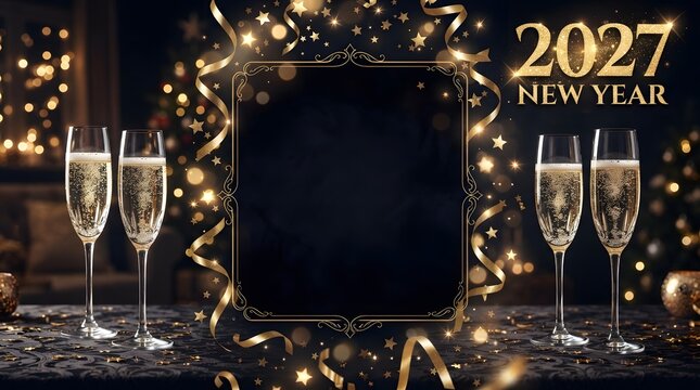 New year 2027 celebration background with four champagne glasses and golden ribbons and stars