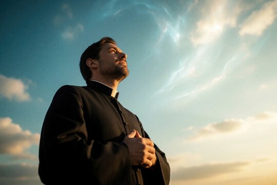 Catholic priest in black cassock looks up at bright sky with divine light. Spiritual man prays towards heavens during sunset. Religious cleric experiences holy moment of faith, meditation in nature.