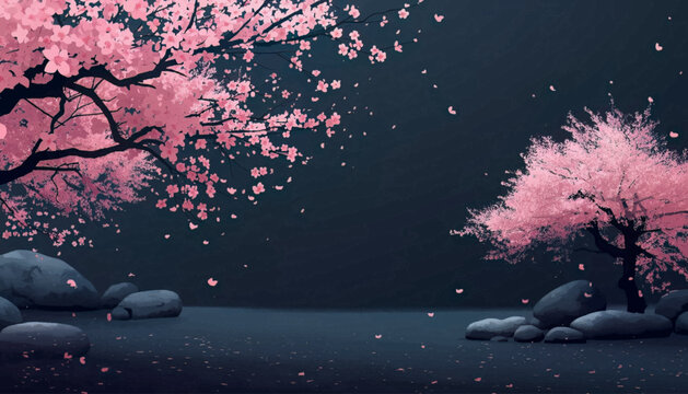 Japanese inspired night garden with pink cherry blossoms, calm water reflection, dark scenery, and elegant natural atmosphere for seasonal, decorative, and cultural designs.