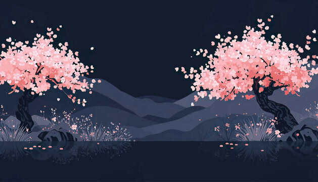 Elegant fantasy landscape with pink cherry blossoms, mountains, calm lake, and night atmosphere. Designed for peaceful backgrounds, nature themes, relaxation concepts, and artistic projects.