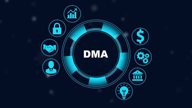 Dma digital marketing agency concept with animated hud interface and business blue tech background, for corporate presentations, and advertising