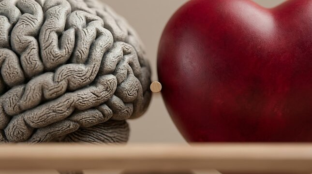 Concept of Balance Between Logic and Emotion Featuring a Textured Gray Human Brain Model and a Smooth Red Heart Shape Symbolizing the Connection Between Rational Thinking and Feelings