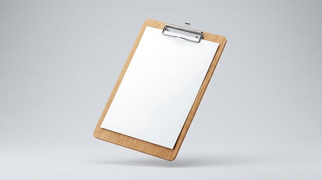 Floating Wooden Clipboard with Blank White Paper Mockup, 3D Rendered Office Stationery on Neutral Background