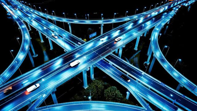 Modern highway interchange at night with streaking car lights and blue illumination