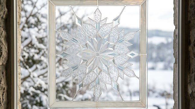 Snowflake leaded glass window panel with winter landscape background seen through stone wall frame