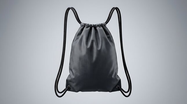 Black Drawstring Bag Mockup Isolated on Neutral Background, 3D Render of Sport Cinch Sackpack for Gym, School, and Travel