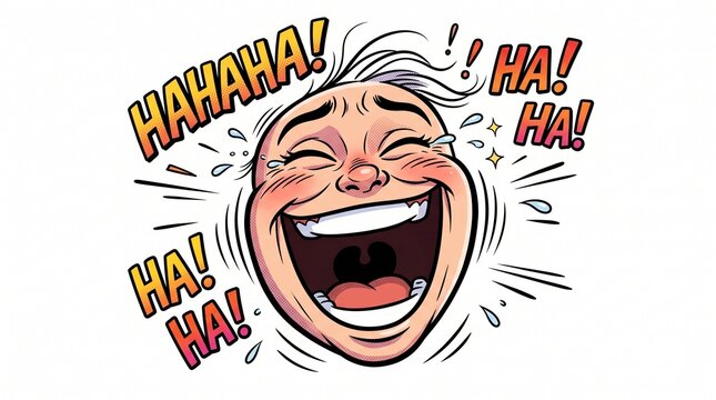 Cartoon illustration of a person laughing hysterically with text bubbles.