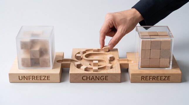 Hand moving wooden blocks from unfreeze through change to refreeze