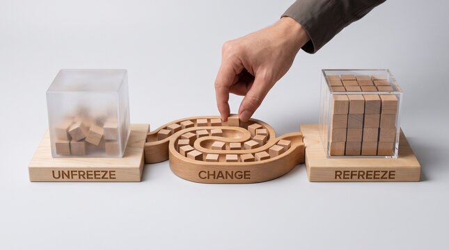 Hand moving wooden blocks from unfreeze through change to refreeze