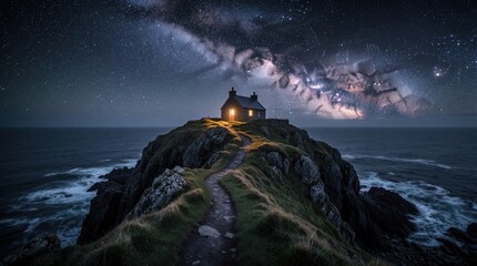 Fototapeta premium Small stone cottage sits on rocky cliff edge above ocean at night. Bright lights shine from windows under bright milky way galaxy sky. Narrow path leads toward isolated house on steep seaside
