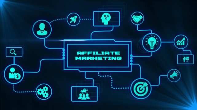 Affiliate marketing animation with connected business icons illustrating referral partnerships, commission earnings, product promotion, sales conversion and performance based digital revenue