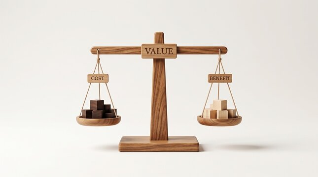 Wooden balance scale comparing cost and benefit for value assessment.