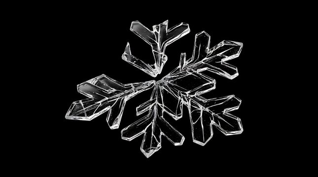 Transparent shattered glass snowflake on black background, intricate detail of winter