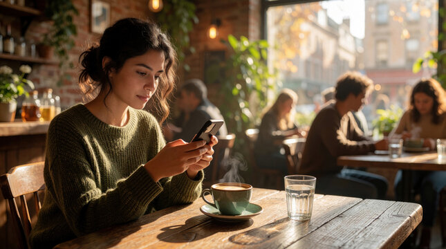 Young woman uses smartphone for online shopping in cozy cafe. Female client browses mobile app sitting at wooden table with hot coffee, water. Relaxed person enjoys leisure time, digital commerce in
