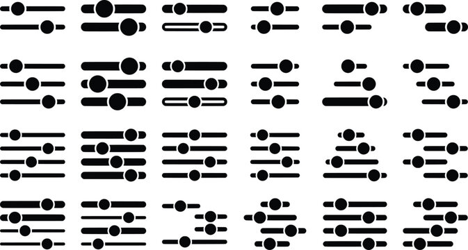 Minimalist slider icon set, 24 black adjustment control symbols in EPS format, user interface settings and volume level sliders for web design