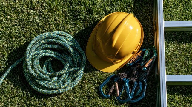 Safety helmet rope carabiner clips and ladder on grass under sunlight construction equipment for outdoor work and climbing