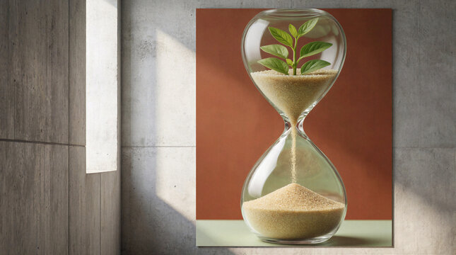 Reverse hourglass flowing upward with golden sand transforming into young leaf sprouts inside glass against concrete wall
