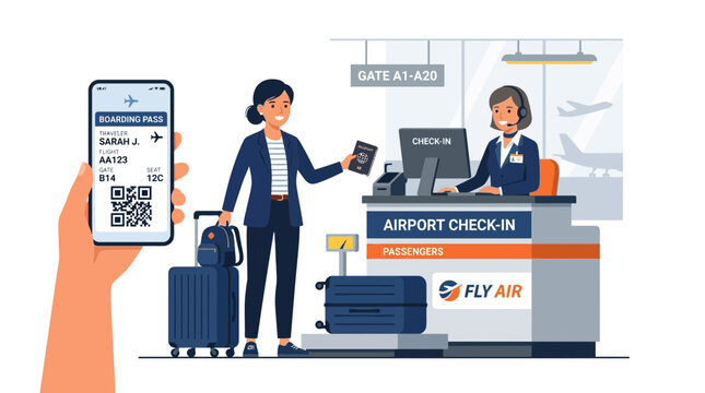 Woman checking in at airport with digital boarding pass and passport, luggage at counter