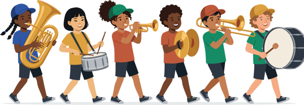 Diverse Group of Cute Children Playing Musical Instruments in a Marching Band Parade Vector Illustration for Kids Education and School Activity