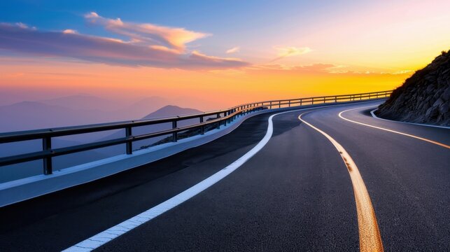 Scenic winding road at sunset with vibrant colors and dramatic sky over mountains in the background