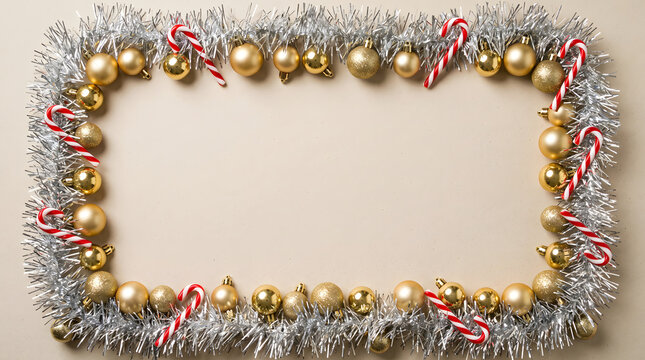 Vintage christmas garland frame with gold balls and tinsel decoration