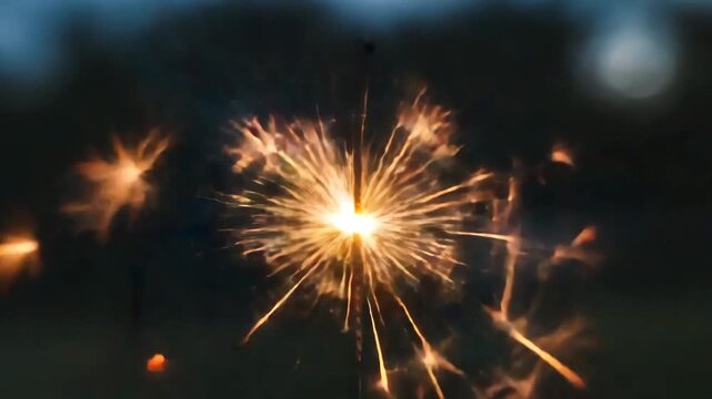 Sparkler firework exploding bright golden light nighttime celebration party special effects