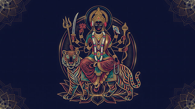 An intricate Indian-inspired decorative illustration featuring a multi-armed goddess, elaborate jewelry, symbolic attributes, and a tiger in vibrant colors against a dark navy background