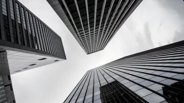 Towering skyscrapers converging upward towards bright sky in modern cityscape with dramatic