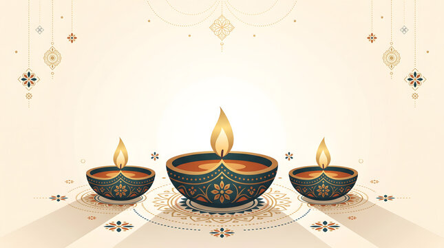 A refined Diwali festival illustration featuring three traditional oil lamps, glowing flames, geometric rangoli patterns, and elegant gold accents on a cream background