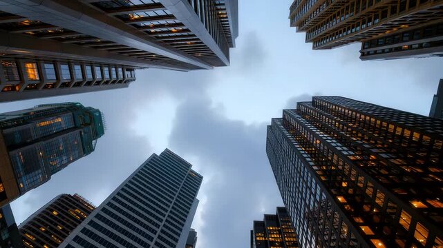 Towering skyscrapers rising into cloudy sky urban cityscape architectural marvels modern