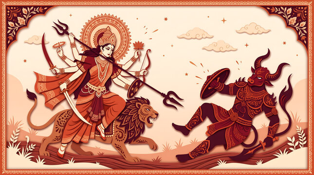 A dramatic Indian mythology-inspired silhouette illustration depicting a multi-armed goddess confronting a mythical adversary, rendered in deep maroon against a warm gradient background