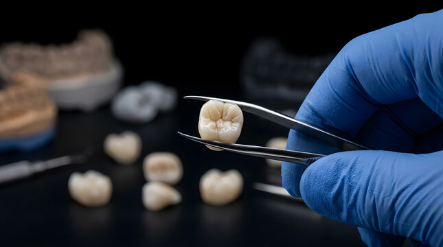 Dentist holding extracted tooth with tweezers in clinical setting