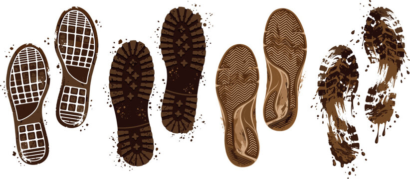 Realistic dirty boot prints and sneaker footprint collection with brown mud splash texture isolated on white background
