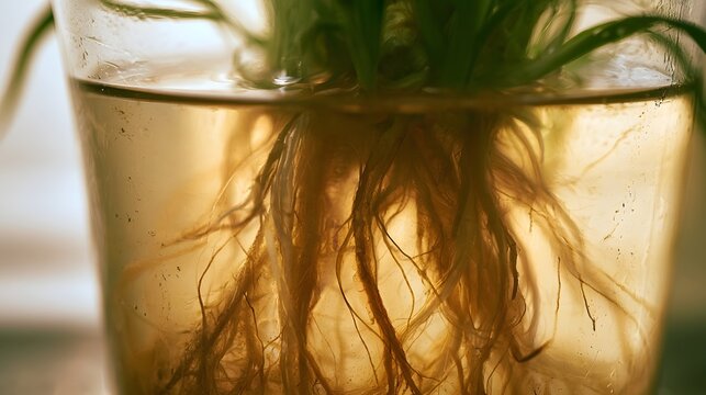 Close up of plant roots submerged in clear water within a transparent container  illuminated by warm golden light