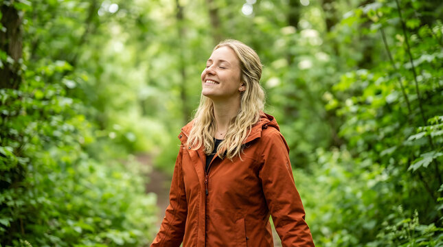 Woman Taking a Deep Breath in Green Forest, with Fresh Air from Nature