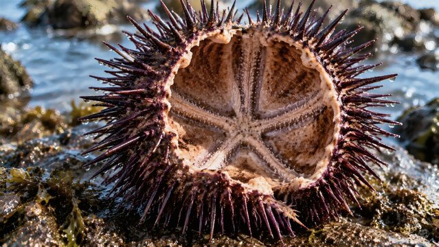 Sea urchin with spines resting on rocky shore in tidal pool  