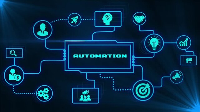 Automation business animation with connected icons illustrating robotic workflows, task scheduling, system integration and streamlined digital business operations
