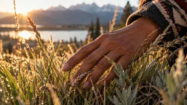 Hand touching grass in a sunrise landscape by a mountain lake  